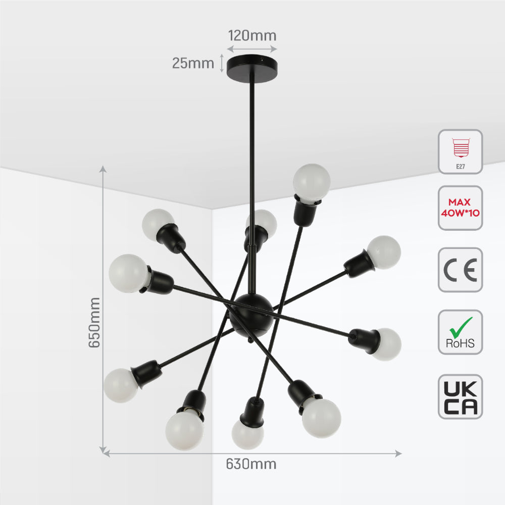 Size and tech specs of Black Rod Ceiling Light with Adjustable Geometry | TEKLED 159-179730