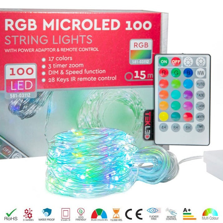 Contents and features of Aries RGB Micro-LED String 100 LEDs 15m with Power Adaptor & Remote Control LED String Fairy Light