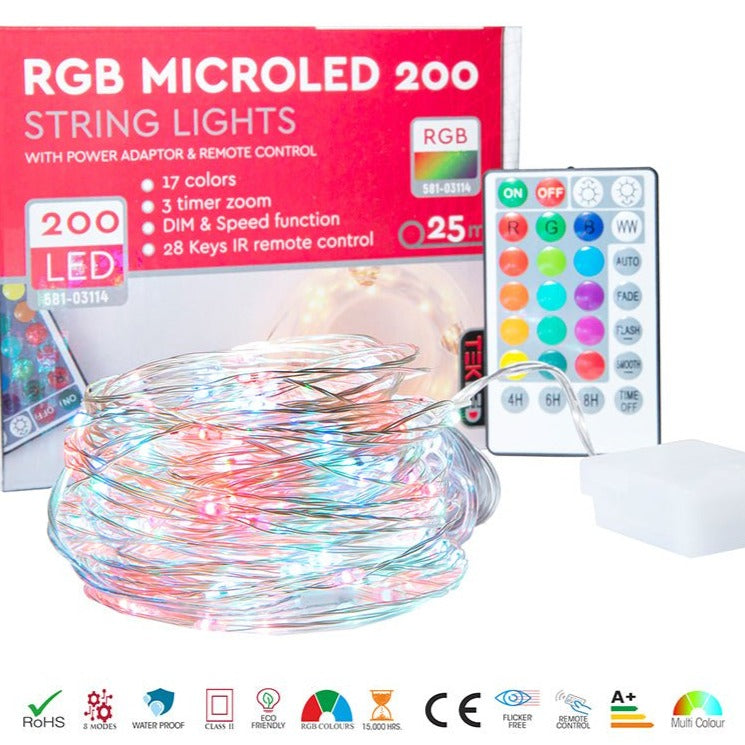 Details and features of Aries RGB Micro-LED String 200 LEDs 25m with Power Adaptor & Remote Control LED String Fairy Light