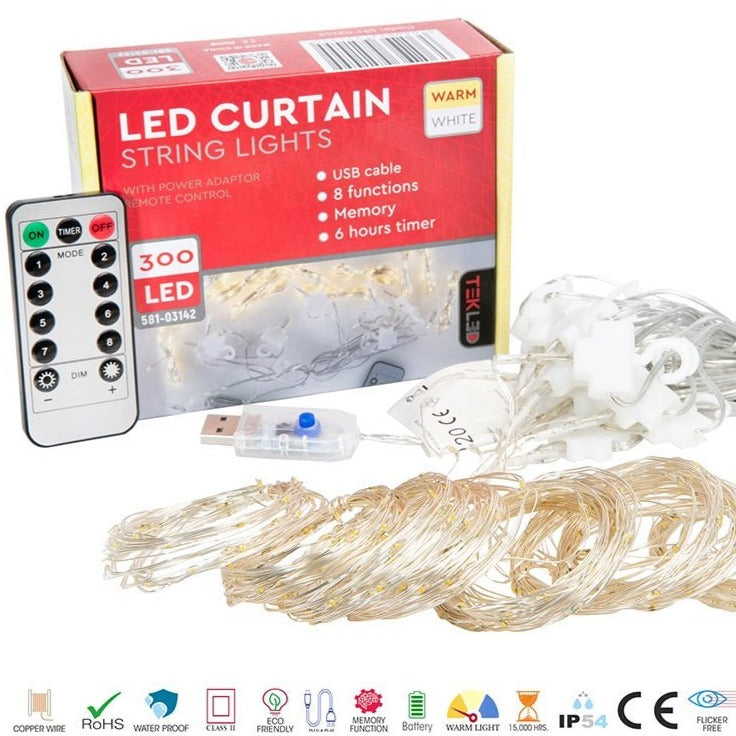 Close up and contents of Ekry Micro-LED 10 Strands 300 LEDs 3mx3m with USB Cable & Remote Control Warm White LED Fairy Curtain Light