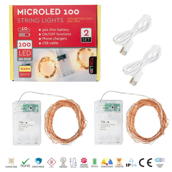 Mensa 2 Sets of Micro-LED 100 LEDs 10m with Battery Pack & USB Cable Warm WhiteÃ‚Â¬Ã¢â‚¬Â LED String Fairy Light