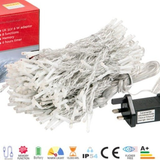 Contents and features of Milkyway 18 Strands 306 LEDs 3mx3m with Power Adaptor Warm White LED Curtain Light