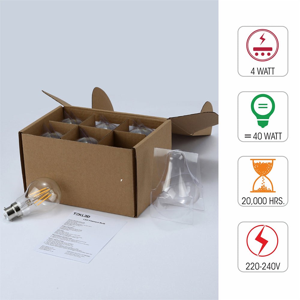 Box content and features of led filament gls bulb a60 b22 bayonet cap 4w 400lm warm white 2700k clear pack of 6