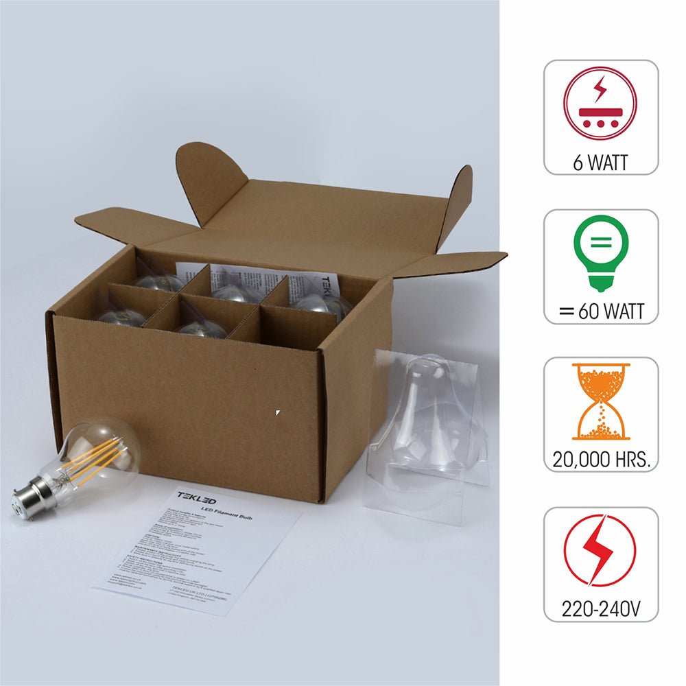 Box content and features of led filament gls bulb a60 b22 bayonet cap 6w 600lm warm white 2700k clear pack of 6