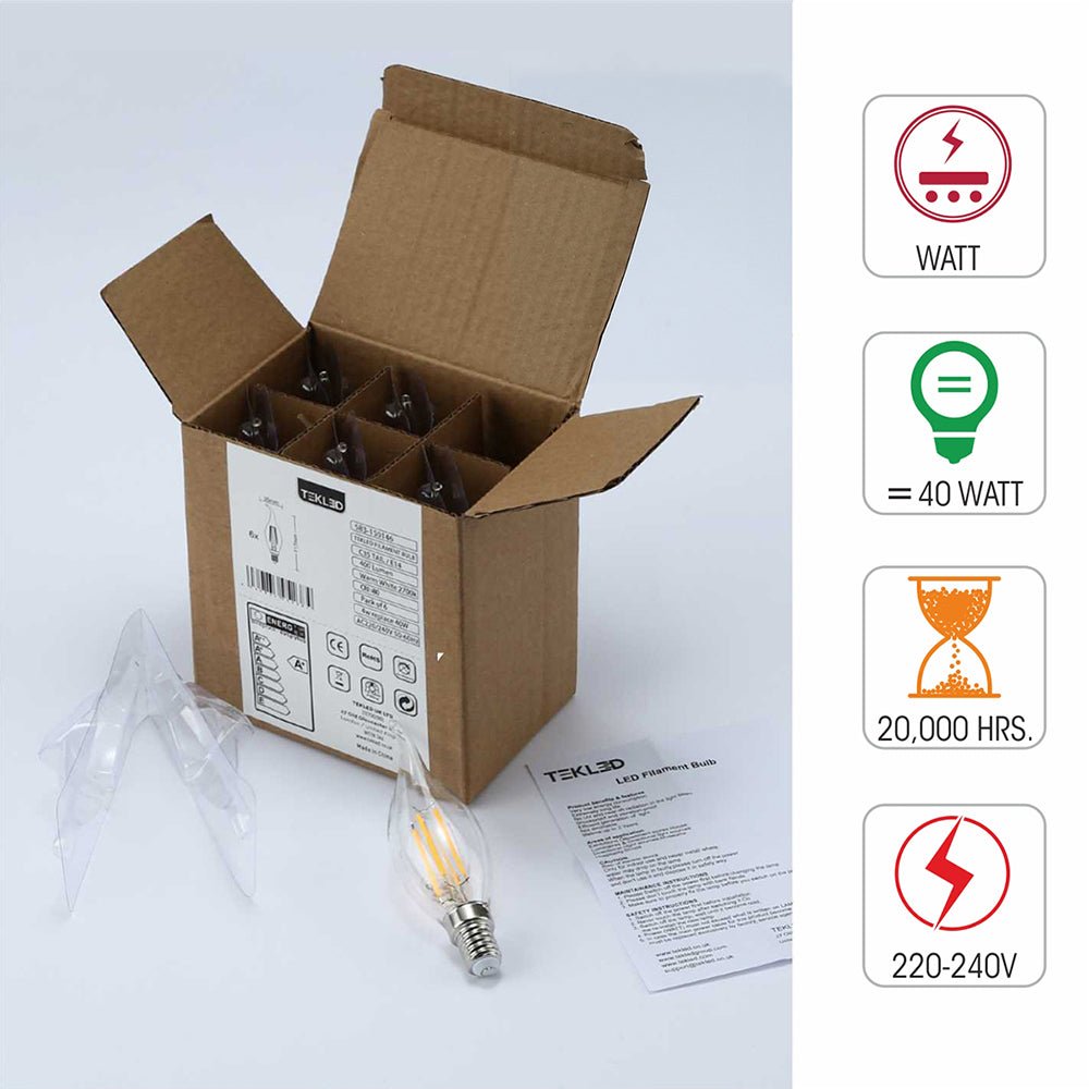 Box content and features of led filament bulb candle c35 tail b22 bayonet cap 4w 400lm warm white 2700k clear pack of 6/10