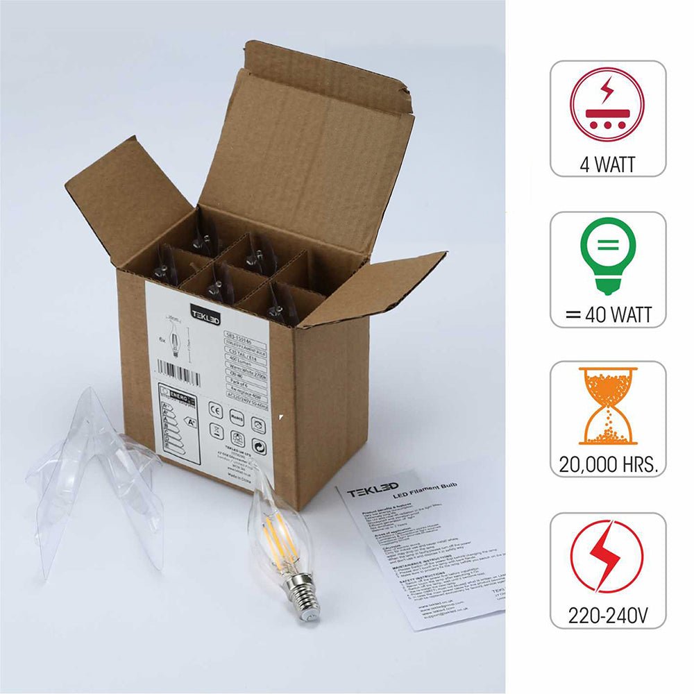 Box content and features of led filament bulb candle c35 tail e14 small edison screw 4w 400lm warm white 2700k clear pack of 6/10