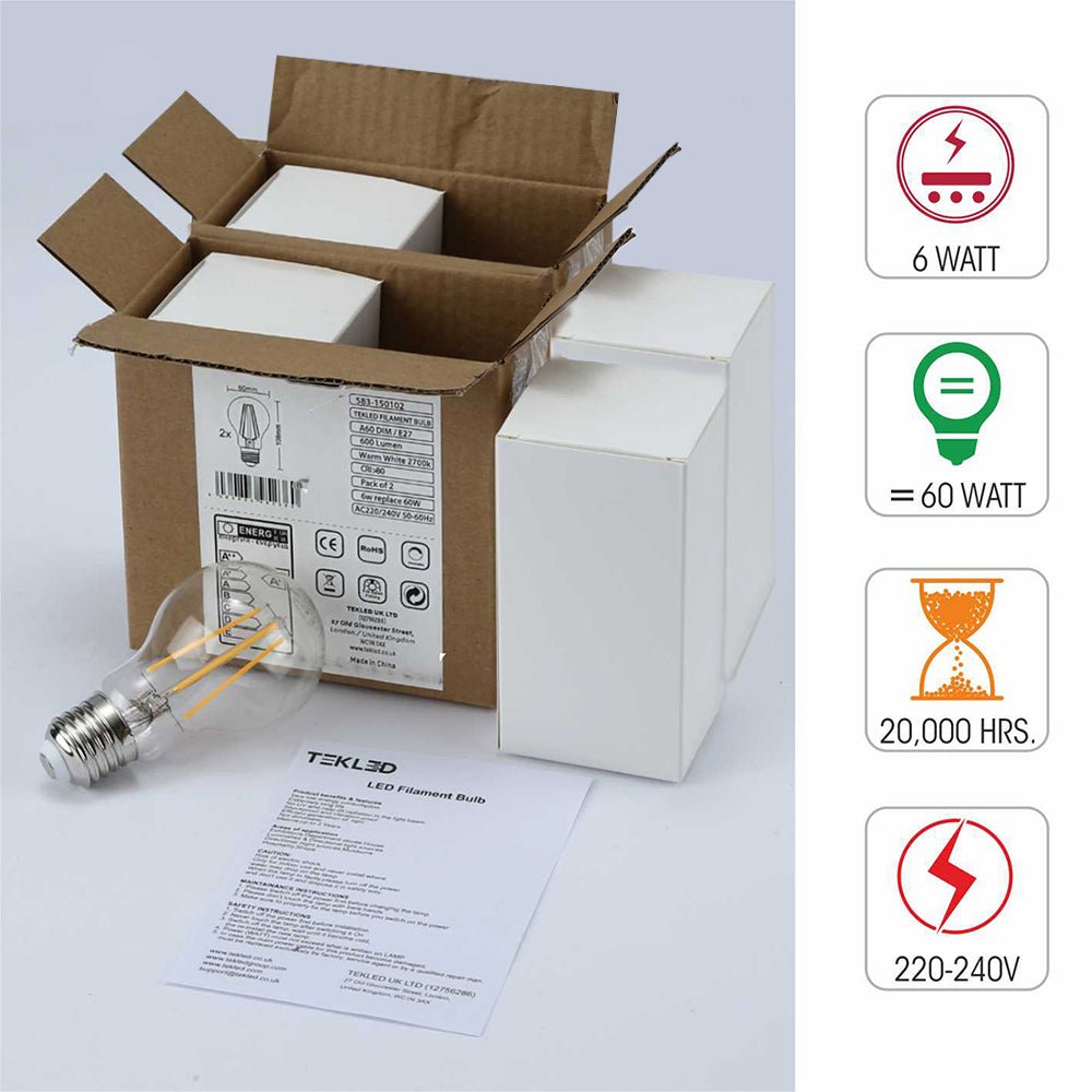 Box content and features of led dimmable filament gls bulb a60 e27 bayonet cap 6w 600lm warm white 2700k clear pack of 4