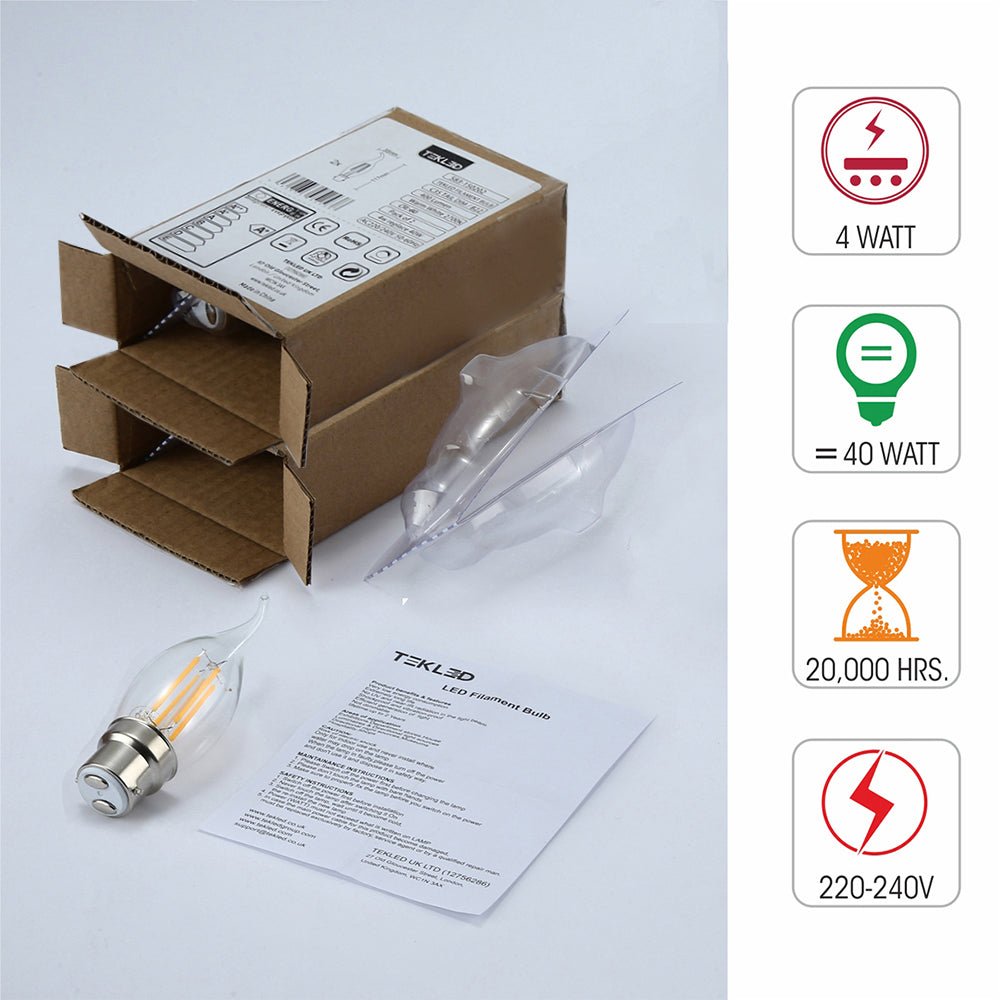 Box content and features of led dimmable filament bulb candle c35 tail b22 bayonet cap 4w 400lm warm white 2700k clear pack of 4