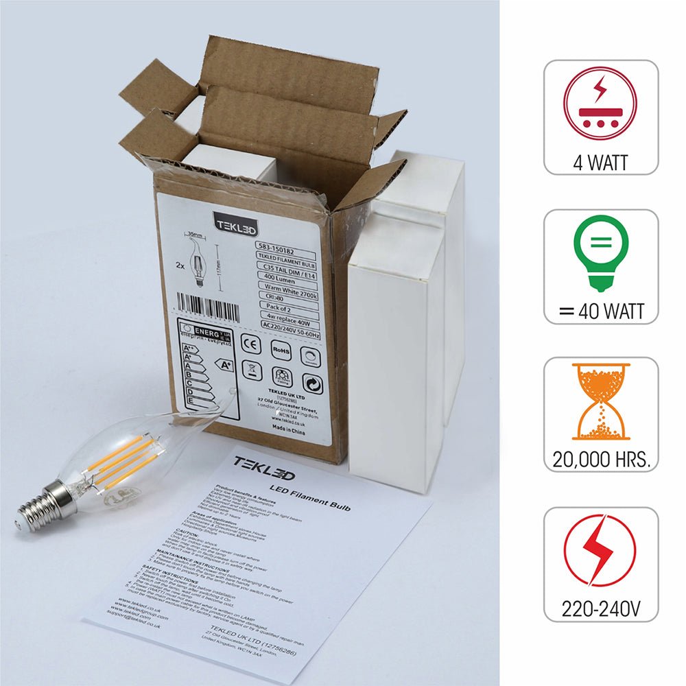Box content and features of led dimmable filament bulb candle c35 tail e14 small edison screw 4w 400lm warm white 2700k clear pack of 4  Edit alt text
