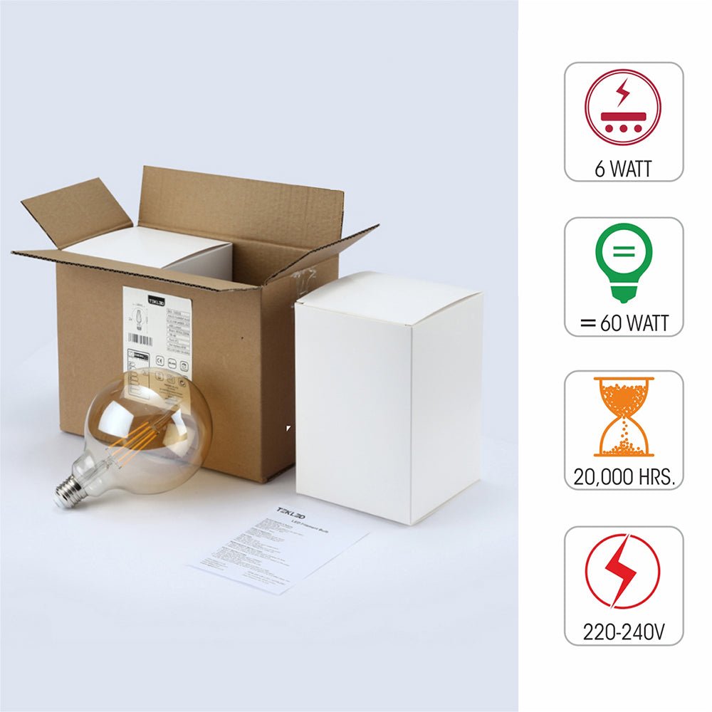 Box content and features of led dimmable filament bulb globe g125 e27 edison screw 6w 600lm warm white 2500k amber pack of 2