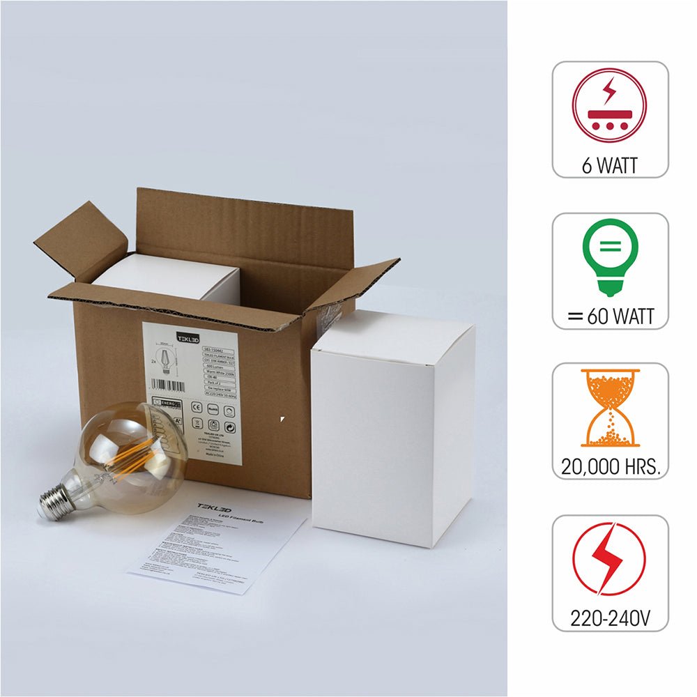 Box content and features of led dimmable filament bulb globe g95 e27 edison screw 6w 600lm warm white 2500k amber pack of 2