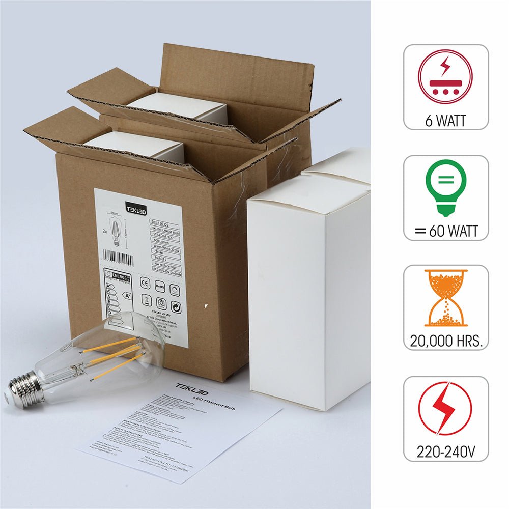 Box content and features of led dimmable filament bulb edison st64 e27 edison screw 6w 600lm warm white 2700k clear pack of 4