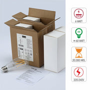 Box content and features of led dimmable filament bulb edison st64 e27 edison screw 6w 600lm warm white 2700k clear pack of 4