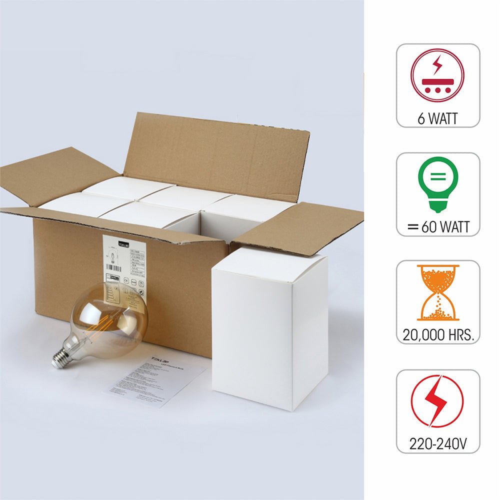 Box content and features of led filament bulb globe g125 e27 edison screw 6w 600lm warm white 2500k amber pack of 6