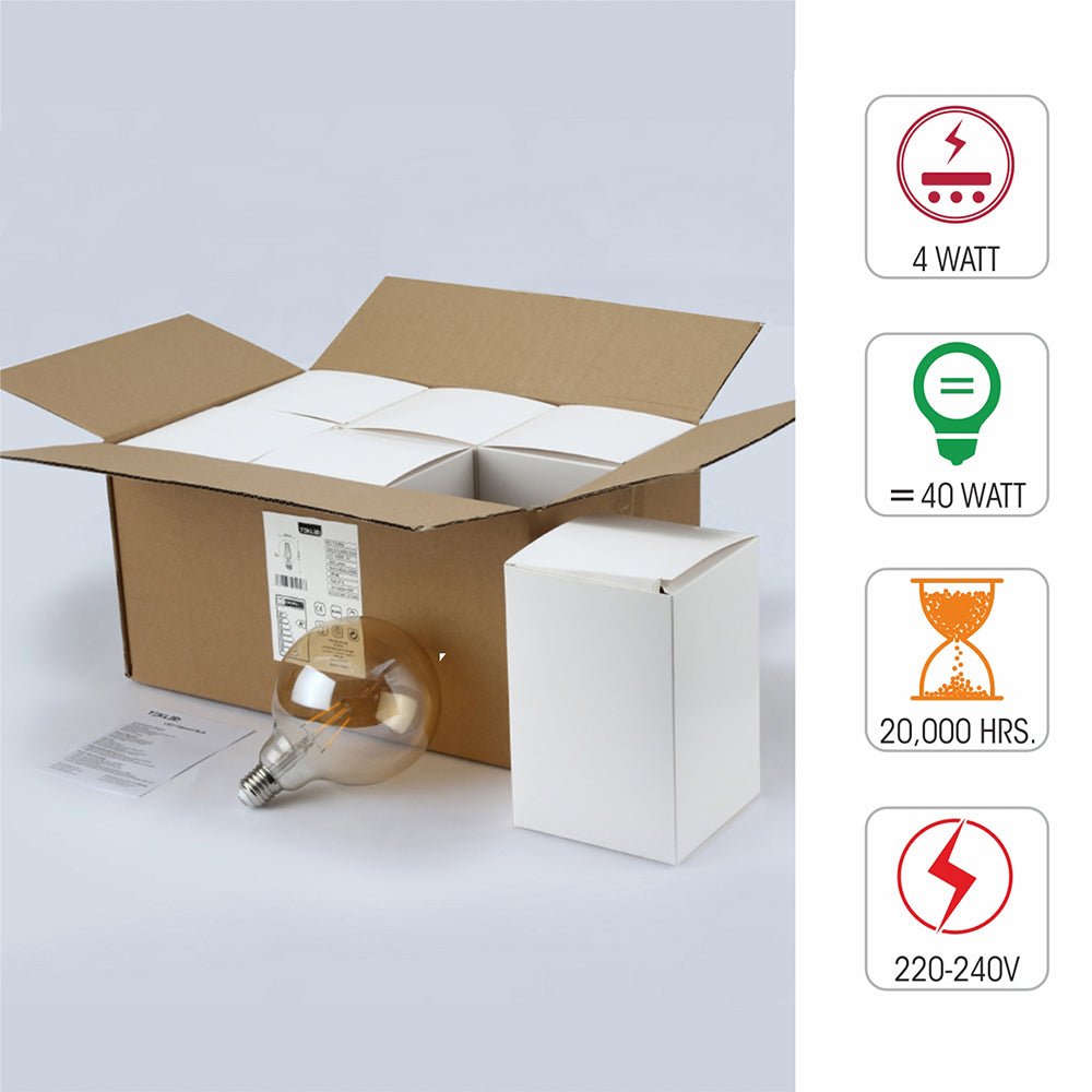 Box content and features of led filament bulb globe g125 e27 edison screw 4w 400lm warm white 2500k amber pack of 6