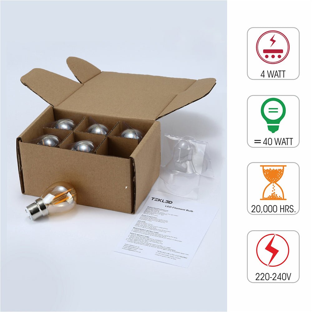 Box content and features of led filament bulb golf ball g45 b22 bayonet cap 4w 400lm warm white 2500k amber pack of 6