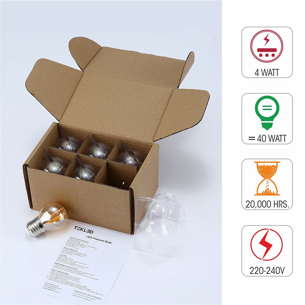 Box content and features of led filament bulb golf ball g45 e27 edison screw 4w 400lm warm white 2500k amber pack of 6
