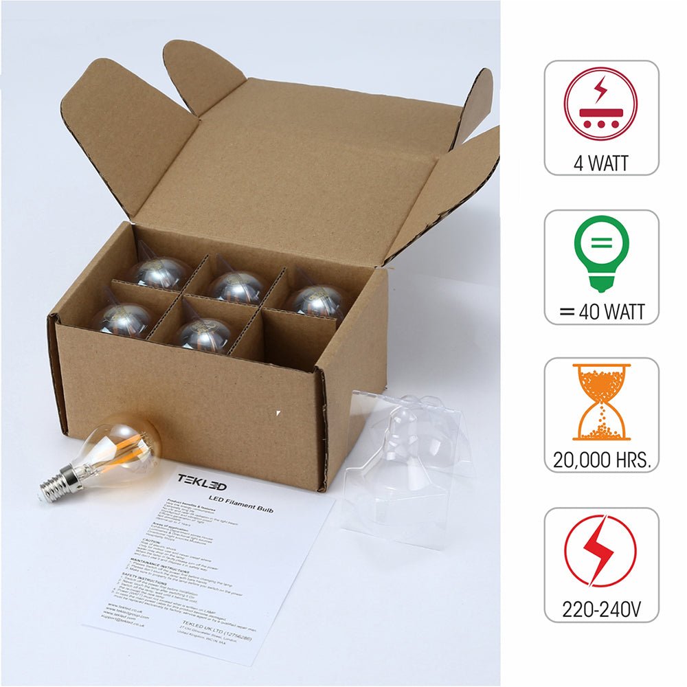 Box content and features of led filament bulb golf ball p45 e14 small edison screw 4w 400lm warm white 2500k amber pack of 6