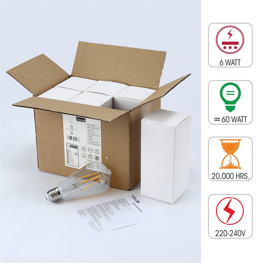Box content and features of led filament bulb edison st64 e27 edison screw 6w 600lm warm white 2700k clear pack of 6