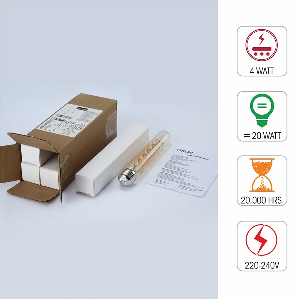 Box content and features of led filament bulb tubular t30 e27 edison screw 4w 230lm warm white 2500k amber 185mm pack of 4