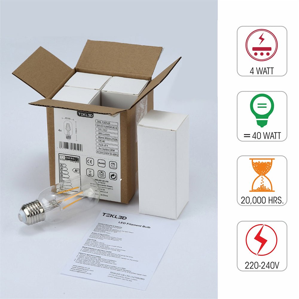 Box content and features of led filament bulb tubular t45 e27 edison screw 4w 400lm warm white 2700k clear pack of 4