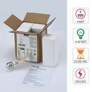 Box content and features of led filament bulb tubular t45 e27 edison screw 4w 400lm warm white 2700k clear pack of 4