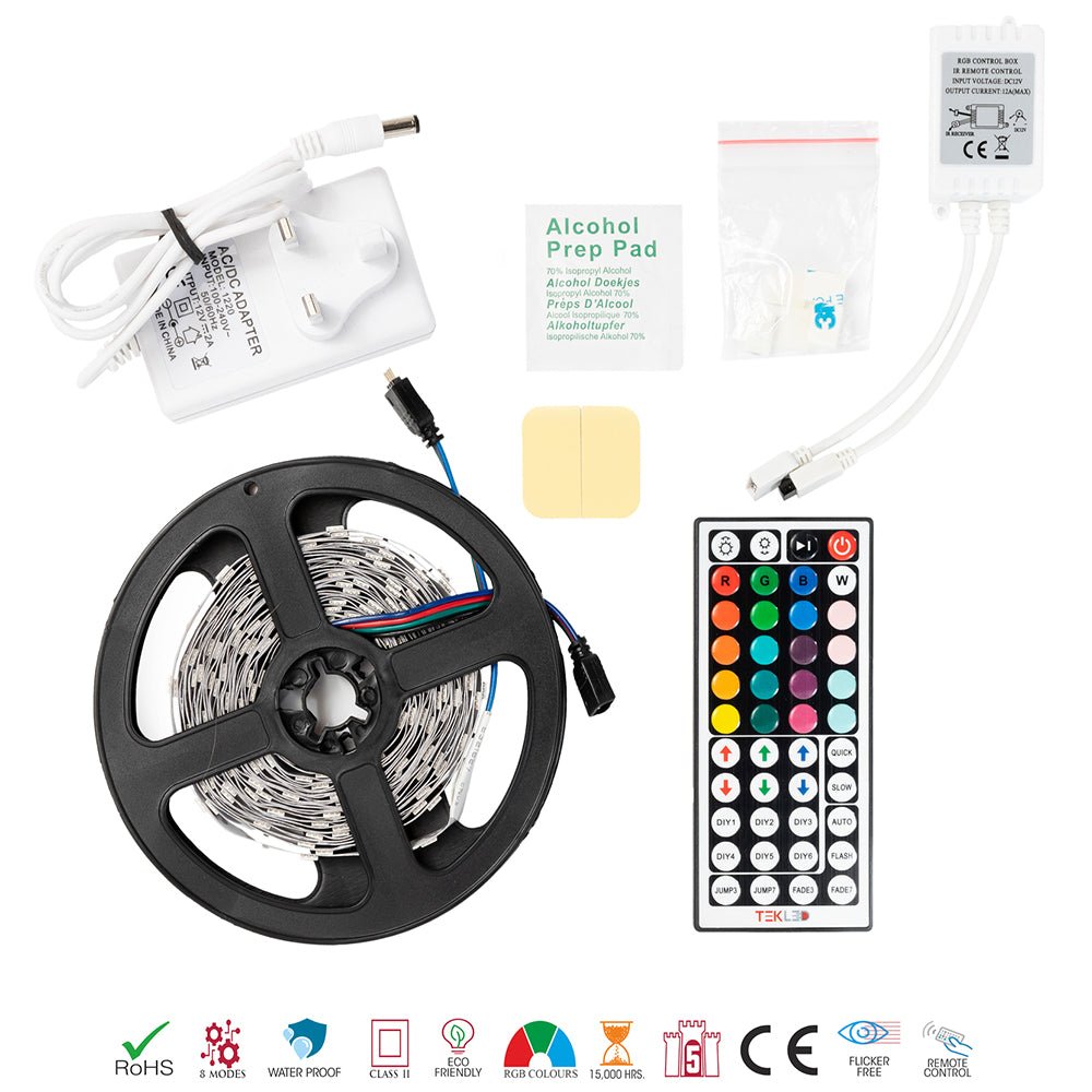Close up box contents of Holiday 5m RGB LED Strip Light 150 LEDs SMD5050 DC12V IP20 25W 2A Adaptor with Remote controler
