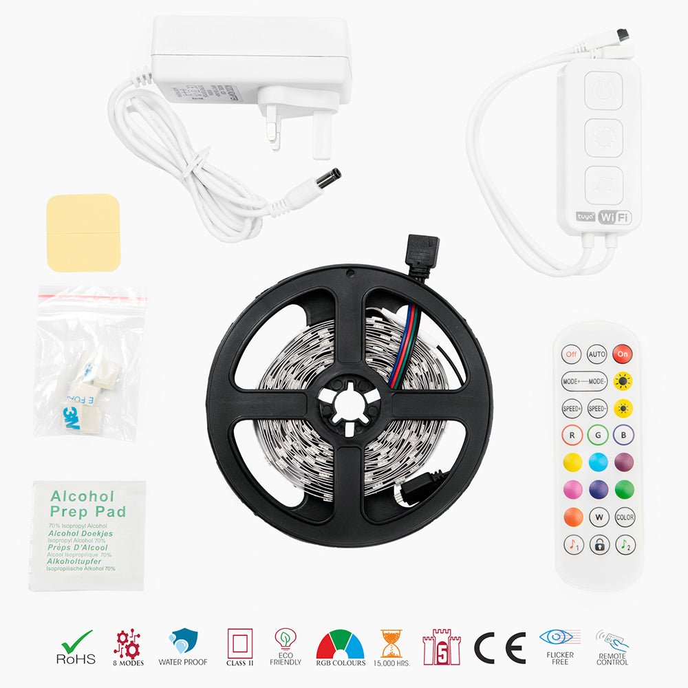 Close up box contents of Holiday 5m Smart RGB LED Strip Light 150 LEDs SMD5050 DC12V IP20 25W 2A Adaptor Wi-Fi Alexa Google Assistant Music with Remote controler