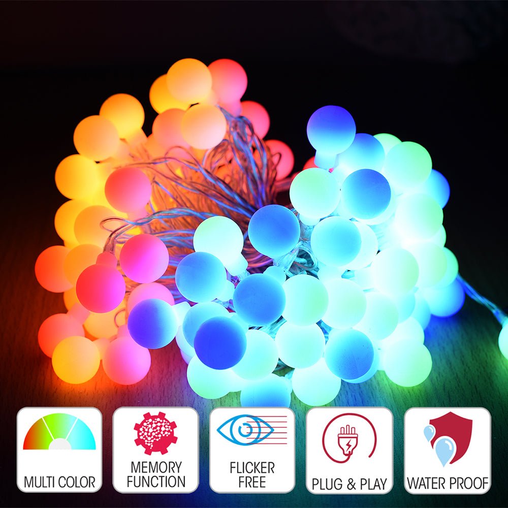 Close up and features of Carina LED Globe Light 100 LEDs 15m with Power Adaptor Multi-colour LED String Light