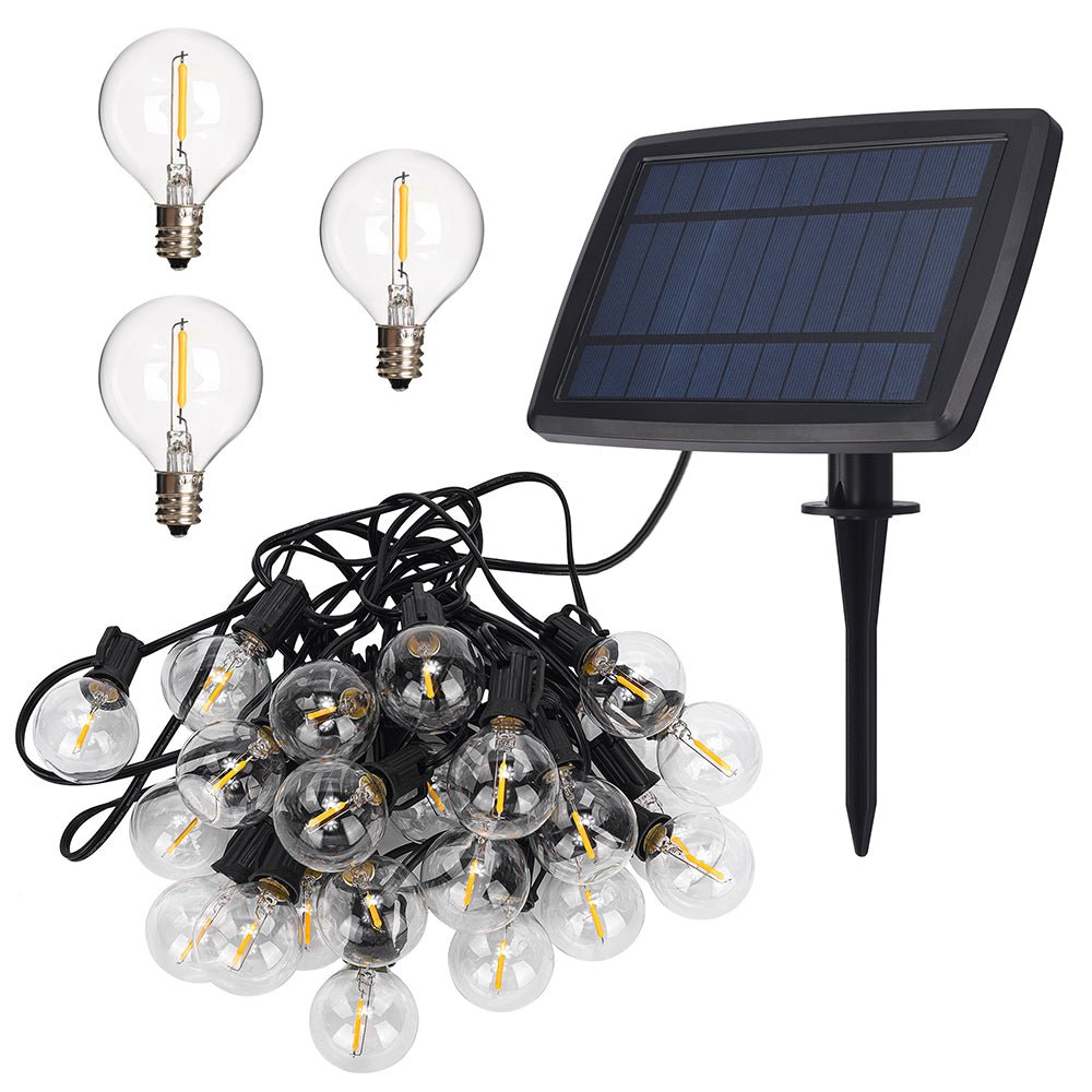 Product close up of  Castor Solar LED Bulb String 25pcs Globe G40 76m with USB Charging Port Weatherproof Festoon Light