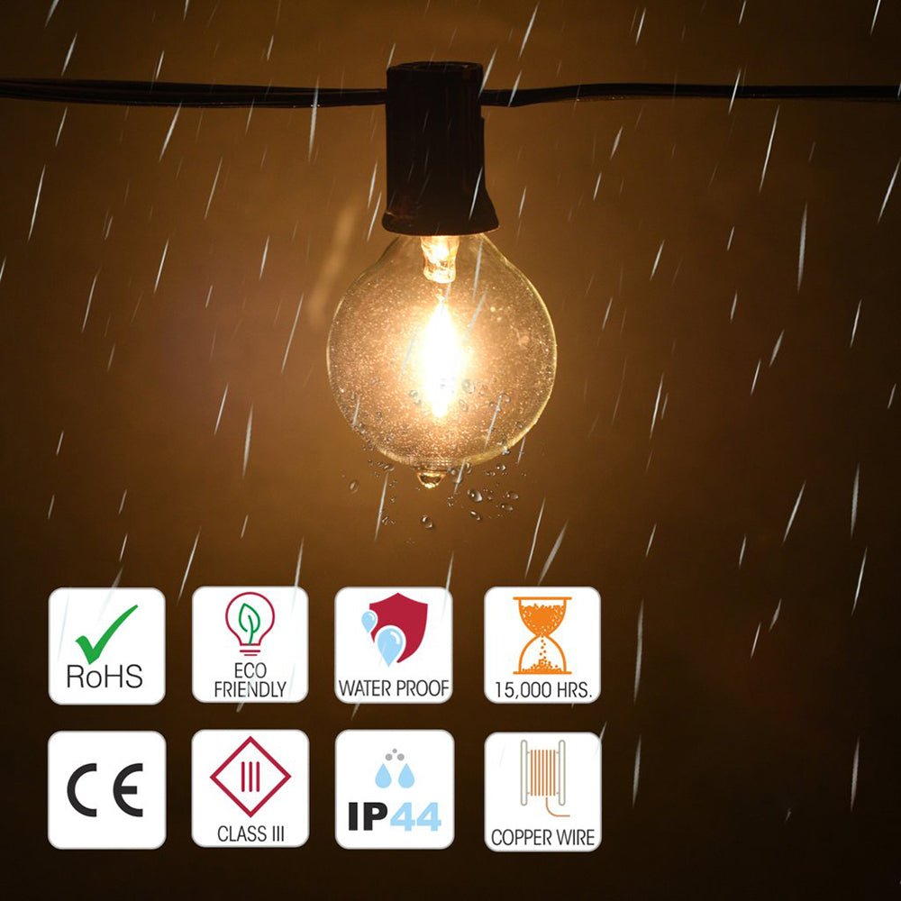 All weather use and features of Castor Solar LED Bulb String 25pcs Globe G40 76m with USB Charging Port Weatherproof Festoon Light
