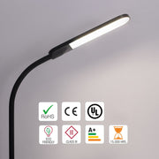 Modern, black LED desk lamp with RoHS, CE and UL certification, featuring an eco-friendly design and 15,000 hours lifespan.