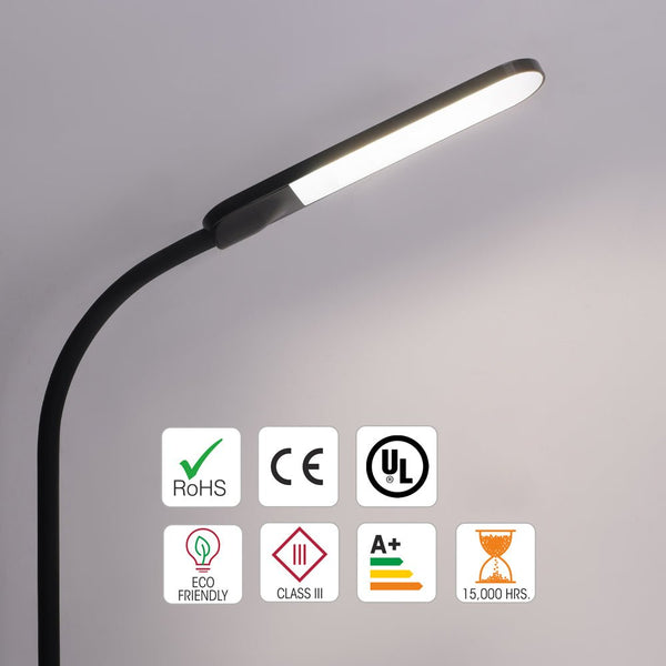 Modern, black LED desk lamp with RoHS, CE and UL certification, featuring an eco-friendly design and 15,000 hours lifespan.
