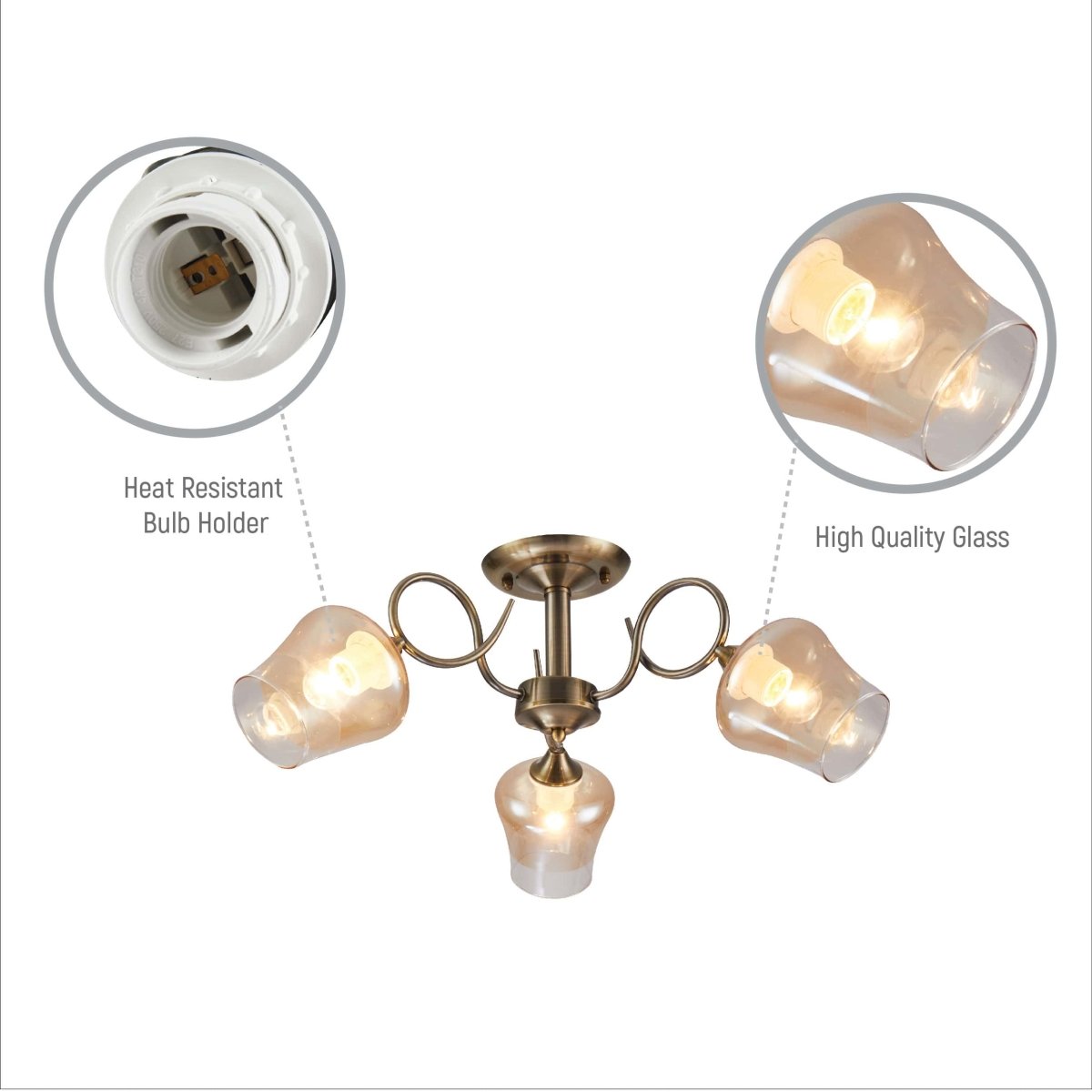 Close up of Amber Bell Glass Antique Brass Metal Semi Flush Ceiling Light | TEKLED 159-17122