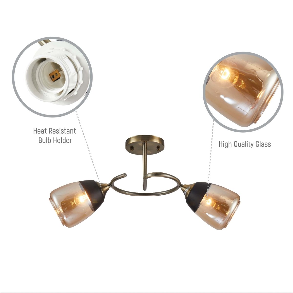 Close up of Amber Black Bell Glass Antique Brass Metal Spiral Semi Flush Ceiling Light | TEKLED 159-17156