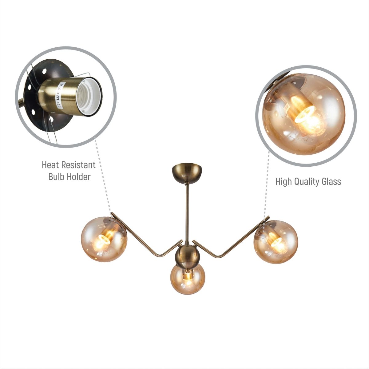 Close up of Amber Cone Glass Antique Brass Metal Spider Semi Flush Ceiling Light | TEKLED 159-17188