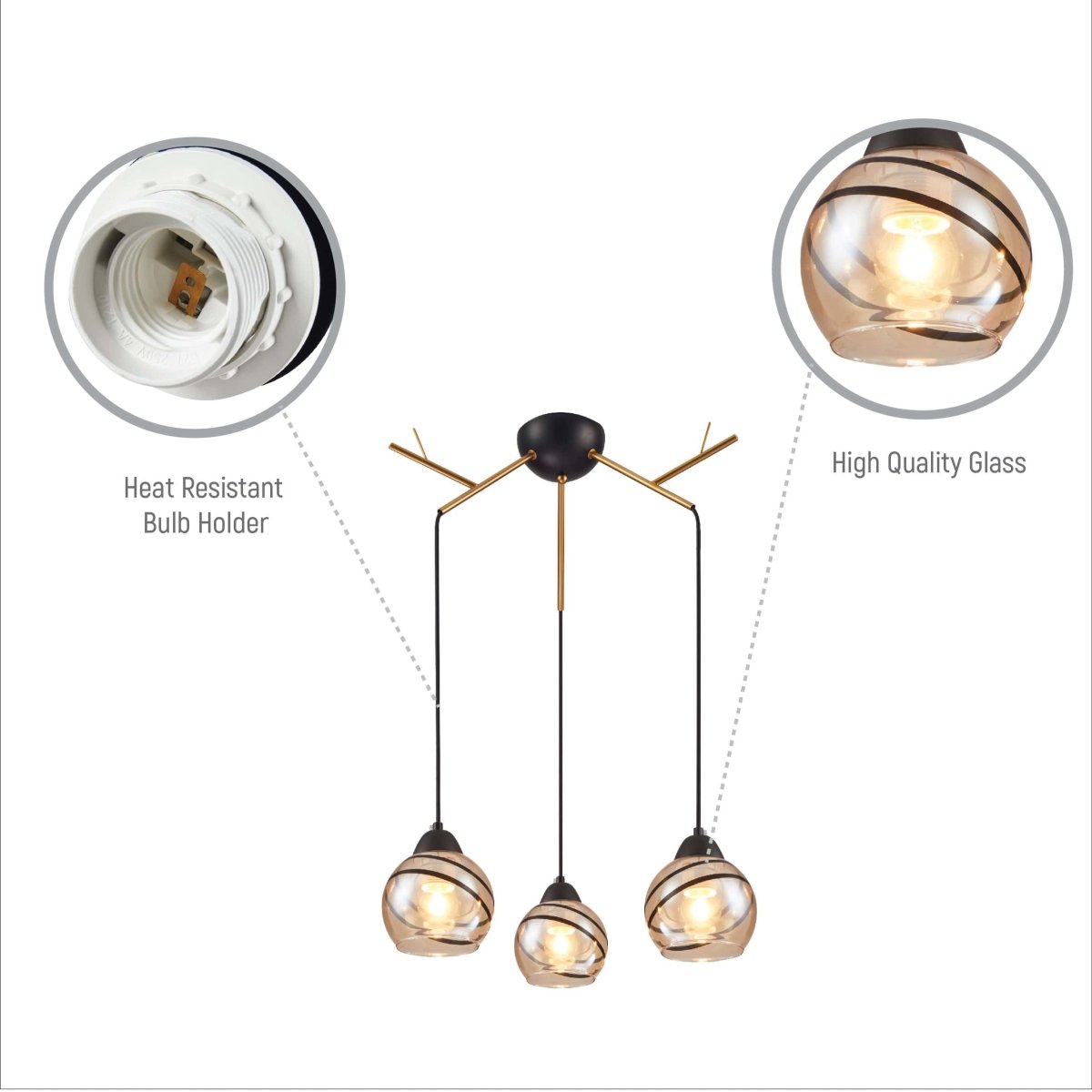 Close up of Amber Dome Glass Gold Twig Modern Ceiling Light | TEKLED 159-17594