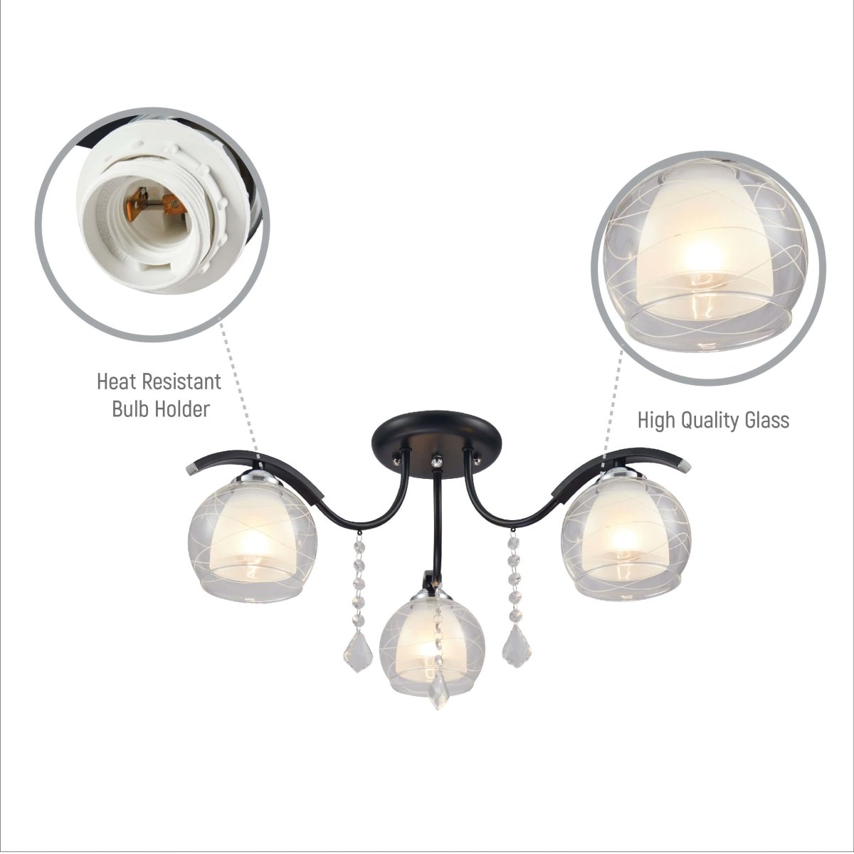 Close up of Clear Opal Double Layer Bell Glass Black Metal Semi Flush Ceiling Light | TEKLED 158-193421