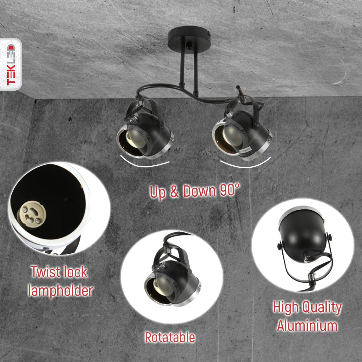 Close up shots of 2-way Spotlight Black and Chrome S shape with GU10 Fitting | TEKLED 172-03104