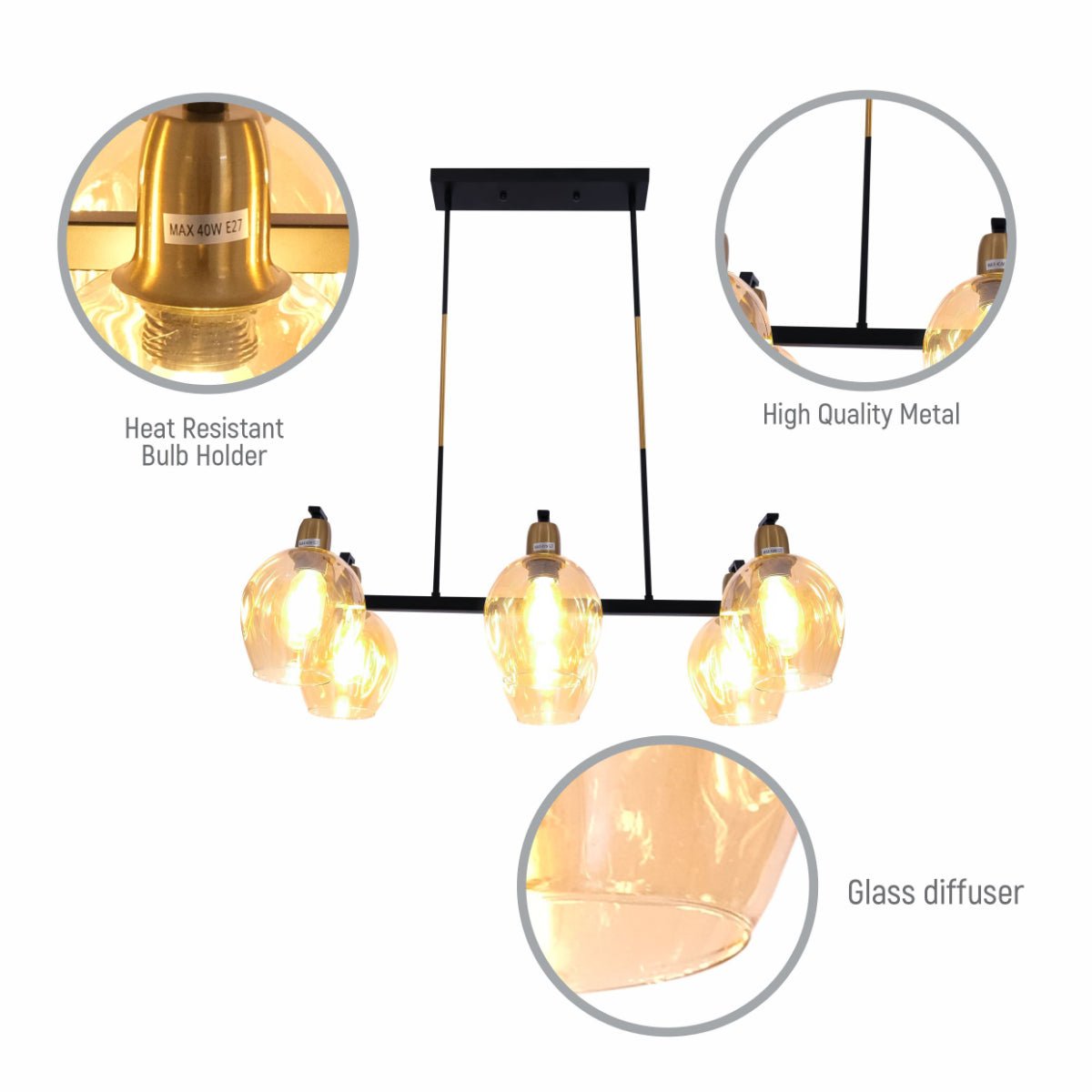Close up shots of Amber Cone Glass Black Gold Metal Body Island Chandelier Ceiling Light with 6xE27 Fitting | TEKLED 159-17396