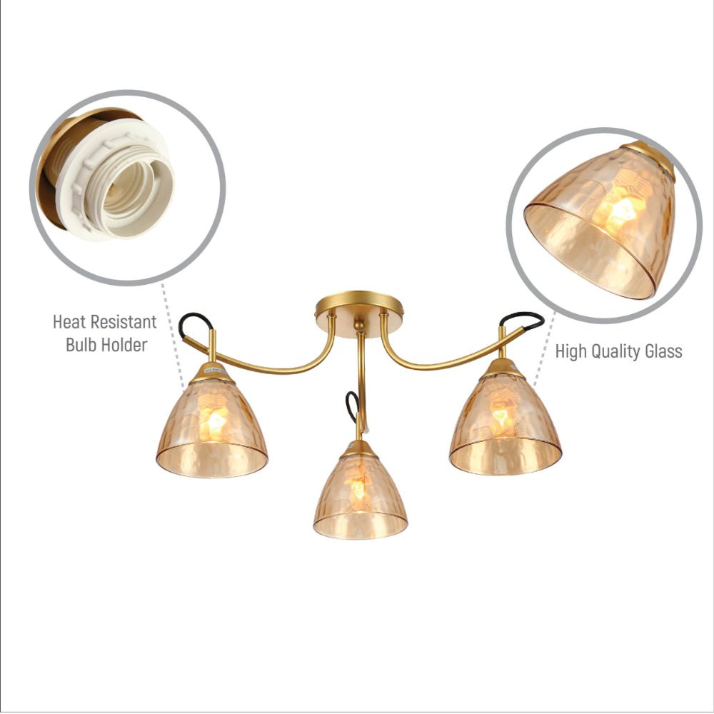 Close up shots of Amber Cone Glass Gold Semi Flush Ceiling Light E27 | TEKLED 159-17640