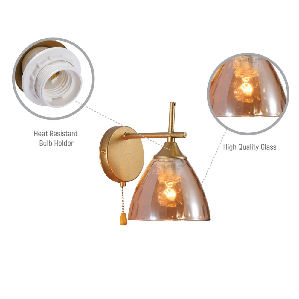 Close up shots of Amber Cone Glass Gold Wall Light E27 Pull Down Switch | TEKLED 151-19772