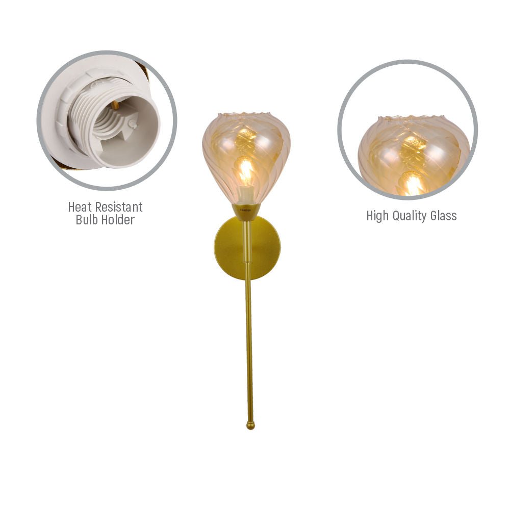 Close up shots of Amber Cone Patterned Glass Gold Metal Sconce Wall Light with E14 Fitting | TEKLED 150-18328