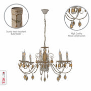 Close up shots of Amber Crystal Gold and White Metal 8 Arm Chandelier with E14 Fitting | TEKLED 158-19444