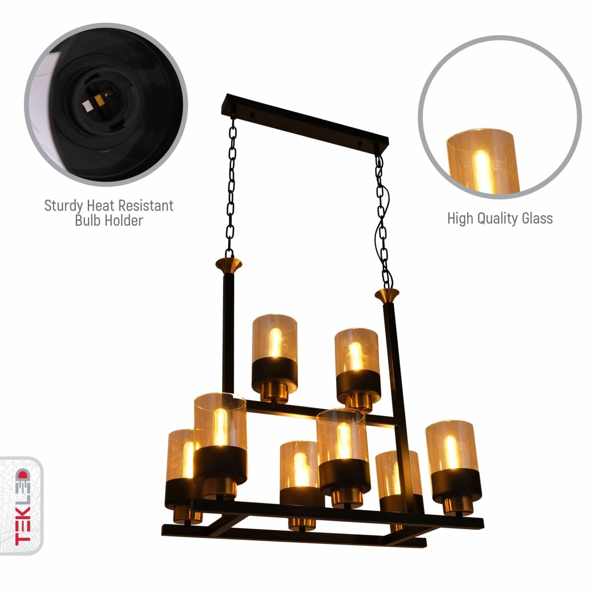 Close up shots of Amber Cylinder Glass Black Metal Chandelier with 8xE27 Fitting | TEKLED 158-19586