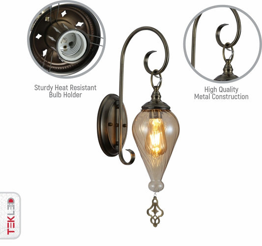 Close up shots of Amber Glass Antique Bronze Metal Body Moroccan Style Wall Light with E27 Fitting | TEKLED 151-19452