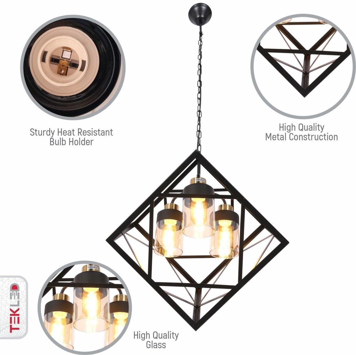 Close up shots of Amber Glass Black Metal Cube Body Chandelier with 3xE27 Fitting | TEKLED 159-17400