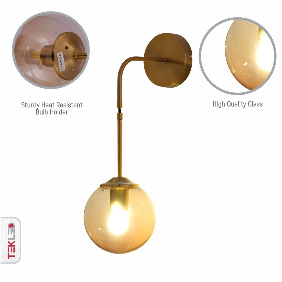 Close up shots of Amber Glass Gold Metal Pendant Wall Light with E27 Fitting | TEKLED 151-19730