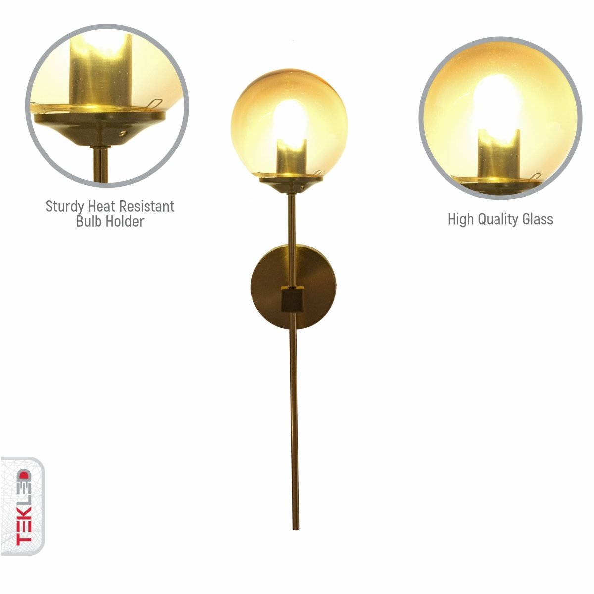 Close up shots of Amber Glass Gold Metal Wall Light L with E27 Fitting | TEKLED 151-19728