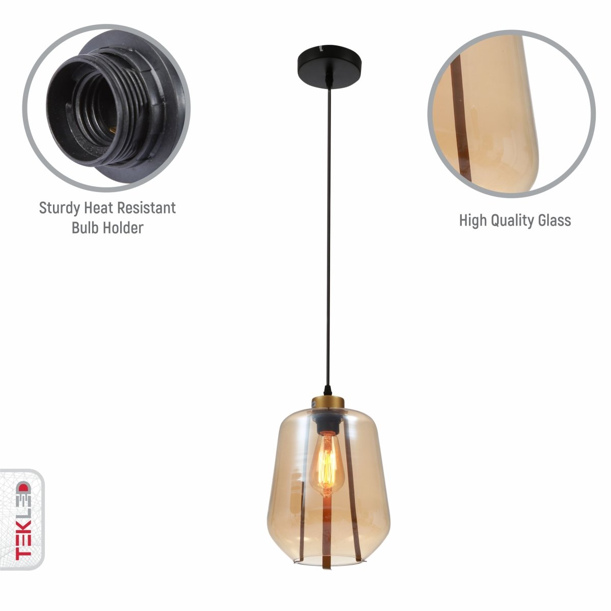 Close up shots of Amber Glass Schoolhouse Pendant Light L with E27 Fitting | TEKLED 159-17350